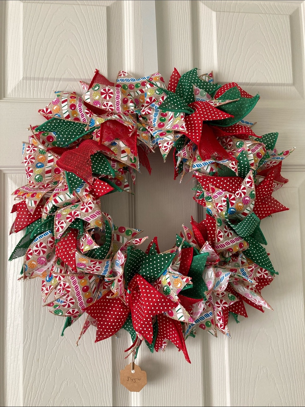 HANDMADE CHRISTMAS RAG RIBBON WREATH COTTAGECORE POLKA DOT ROUND 17 INCHES NWT
